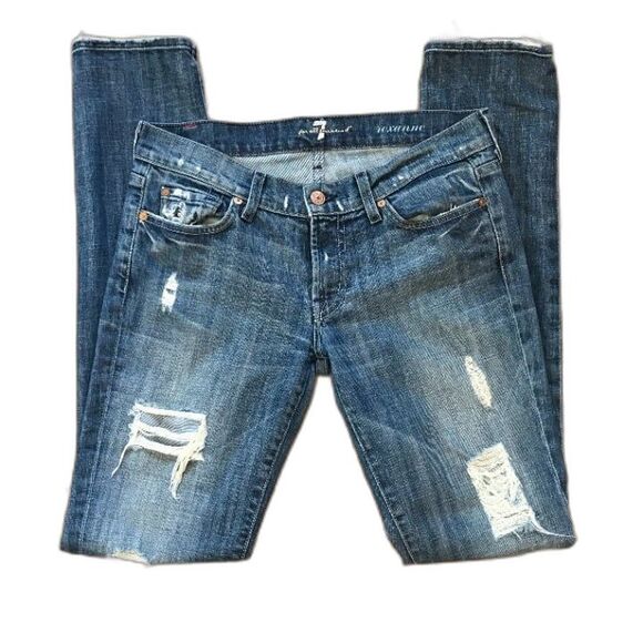 7 For All Mankind Roxanne Distressed Skinny Jeans Medium Light Wash Size 27 - Picture 1 of 9